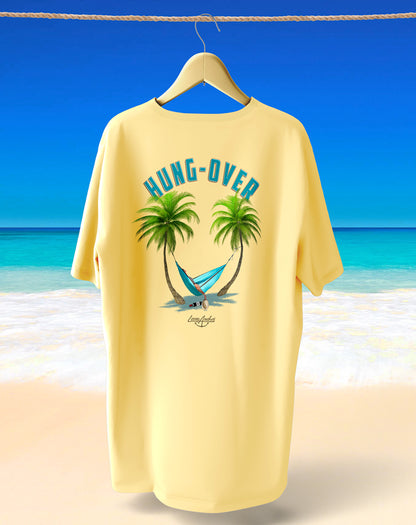 Hungover hangover funny T-shirt with palm trees by Loose Anchor. Fishing, island resort.